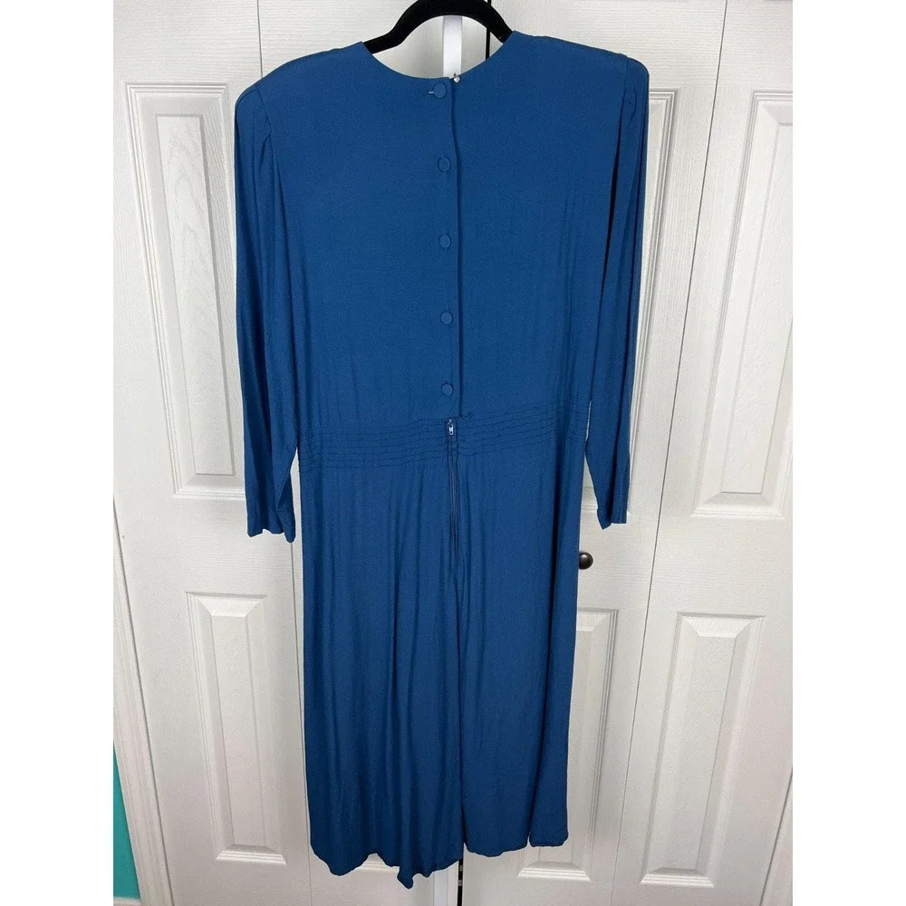 Karin Stevens Petites Vintage Midi Dress 80s 40s Retro Blue Rayon 8/10 M‎